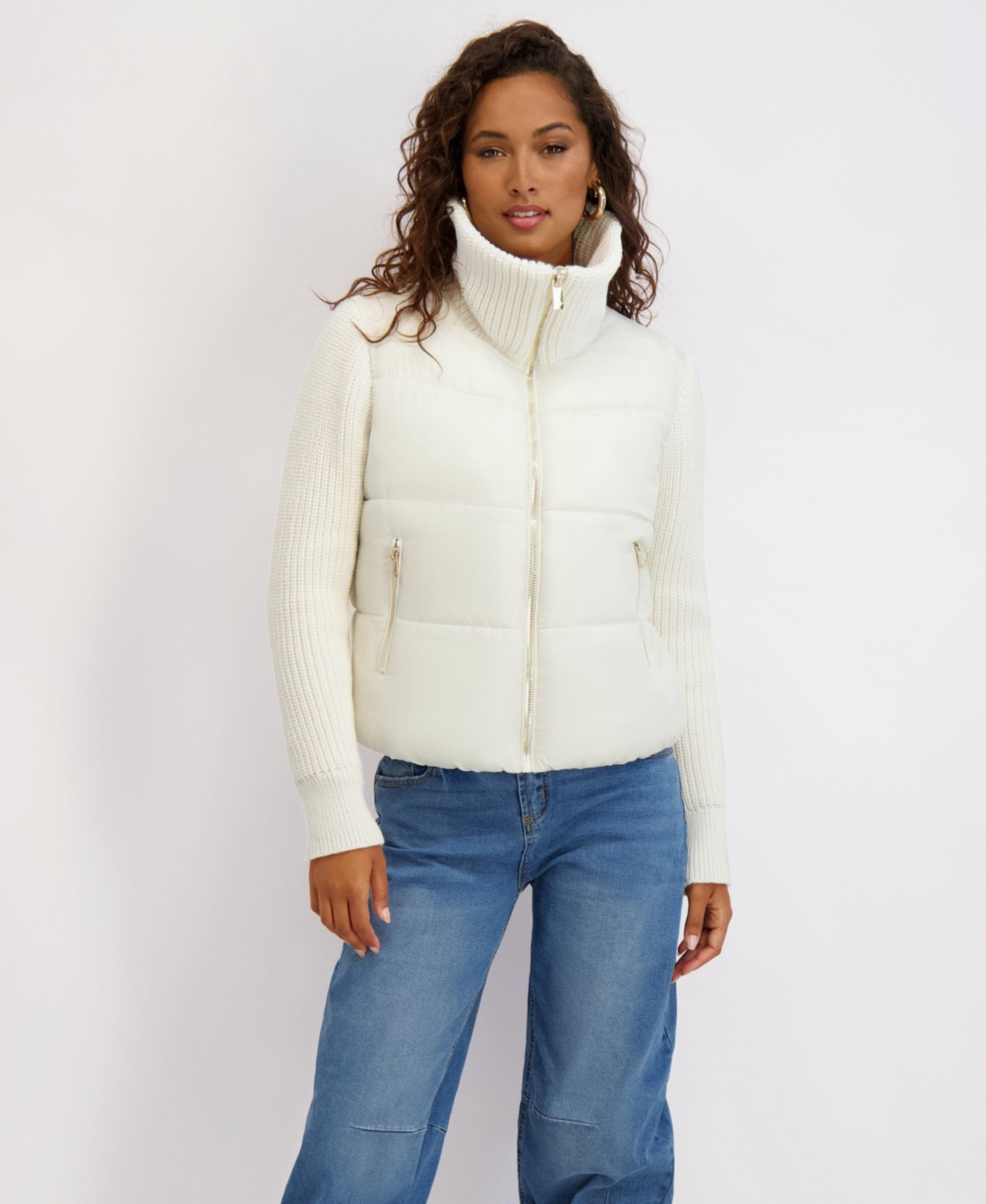 Kensie Women's Mixed Media Short Puffer with Knit Sleeves & Collar