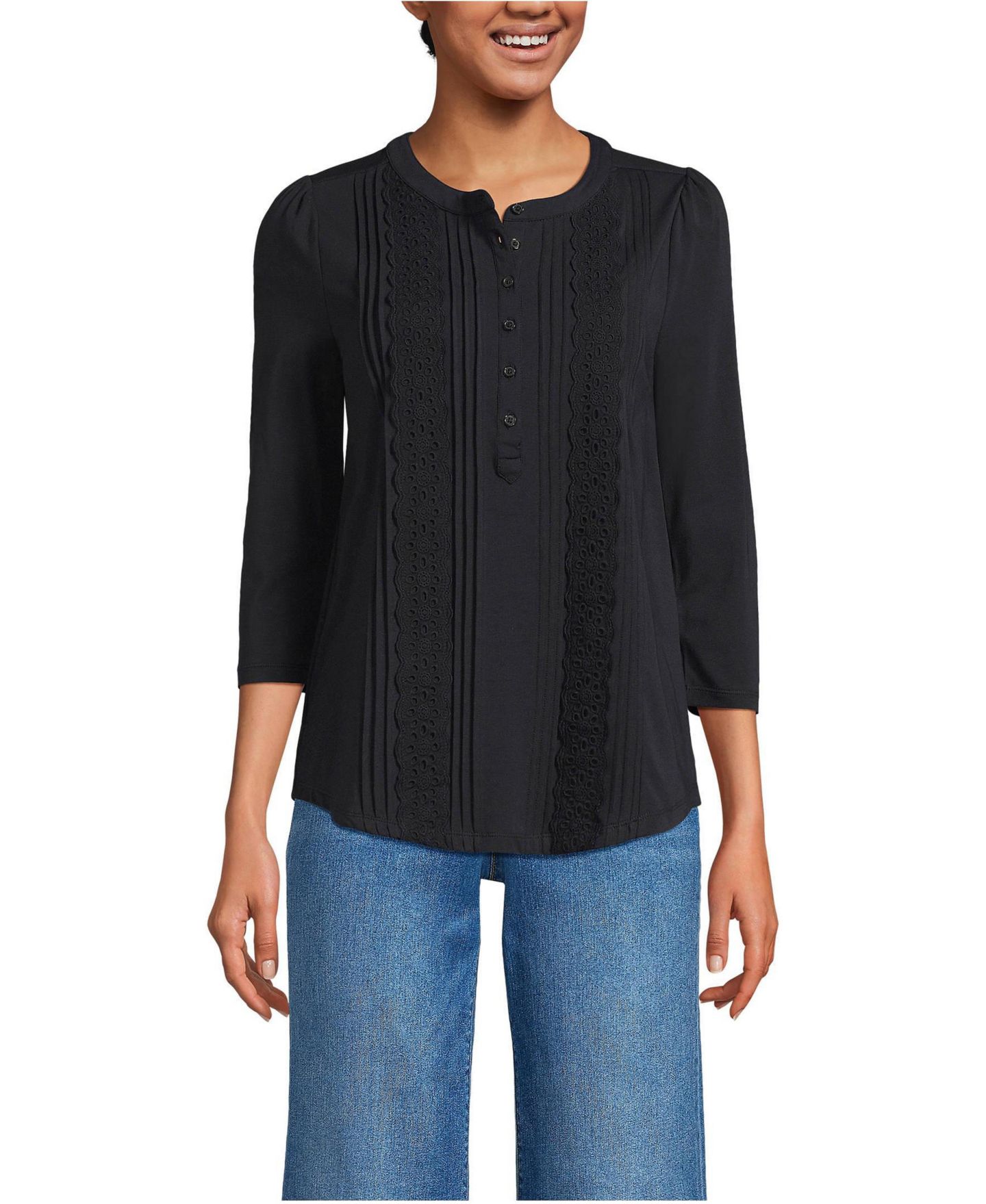 Женский топ Lands' End 3/4 Sleeve Lightweight Jersey Embellished Top, цвет: Чёрный — фото 1