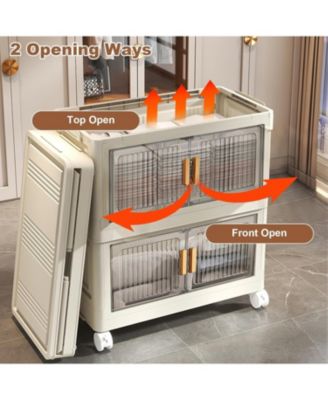 Stackable Storage Bins With Lids, 4-Tier Folding Storage Box,With Doors and Wheels, Collapsible Plastic Storage Bins- for Clothing, Toys