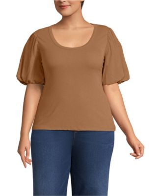 Women's Plus Size Drapey Rib Puff Sleeve Scoop Neck Top