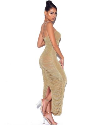 Women The Glint Gold Ruched Chiffon Long Maxi Dress