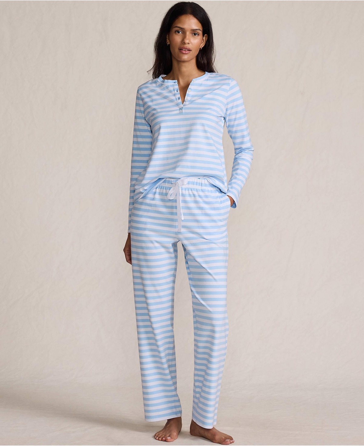 Lands' End Women's Knit 2 Piece Pajama Set - Long Sleeve Top and Pants - Clear blue sky even stripe