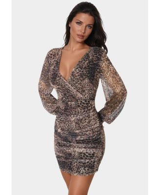 Women's Long Sleeve Faux Wrap Ruched Mini Dress