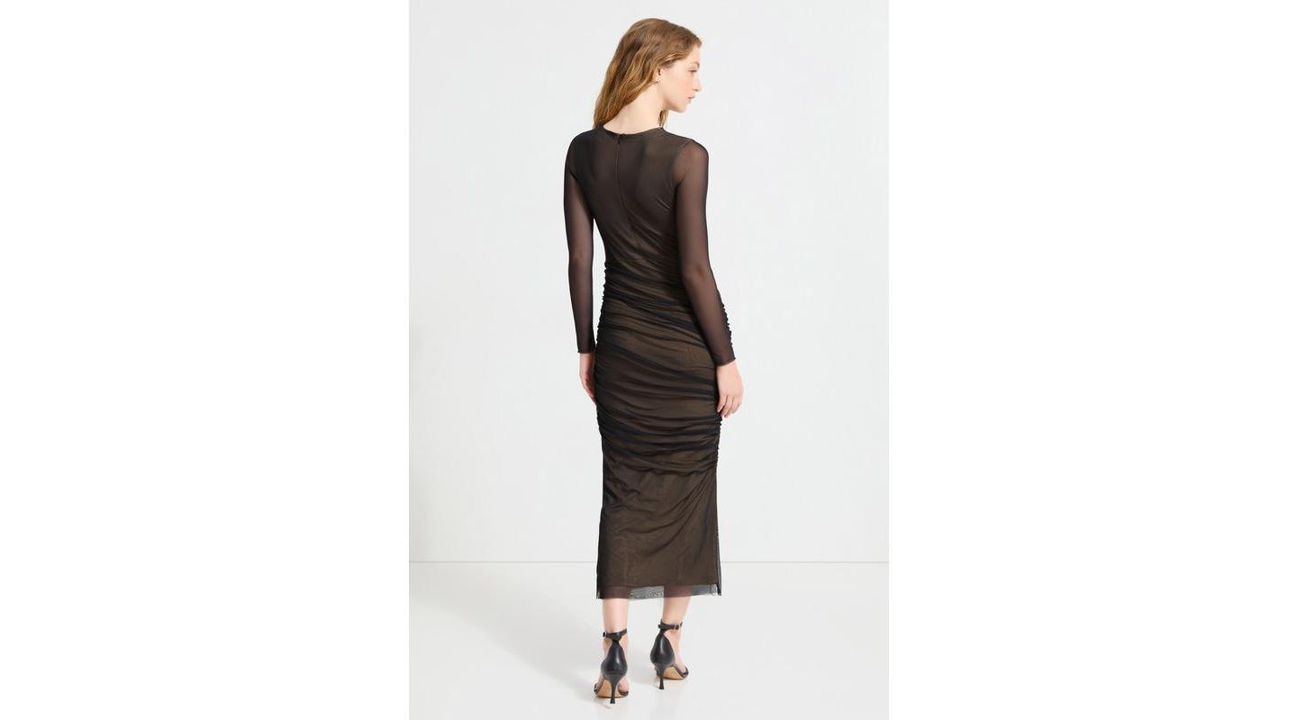 Женское платье Marcella Gia Floating Mesh-Overlay Long-Sleeve Fitted Cocktail, цвет: Чёрный / Песочный — фото 3
