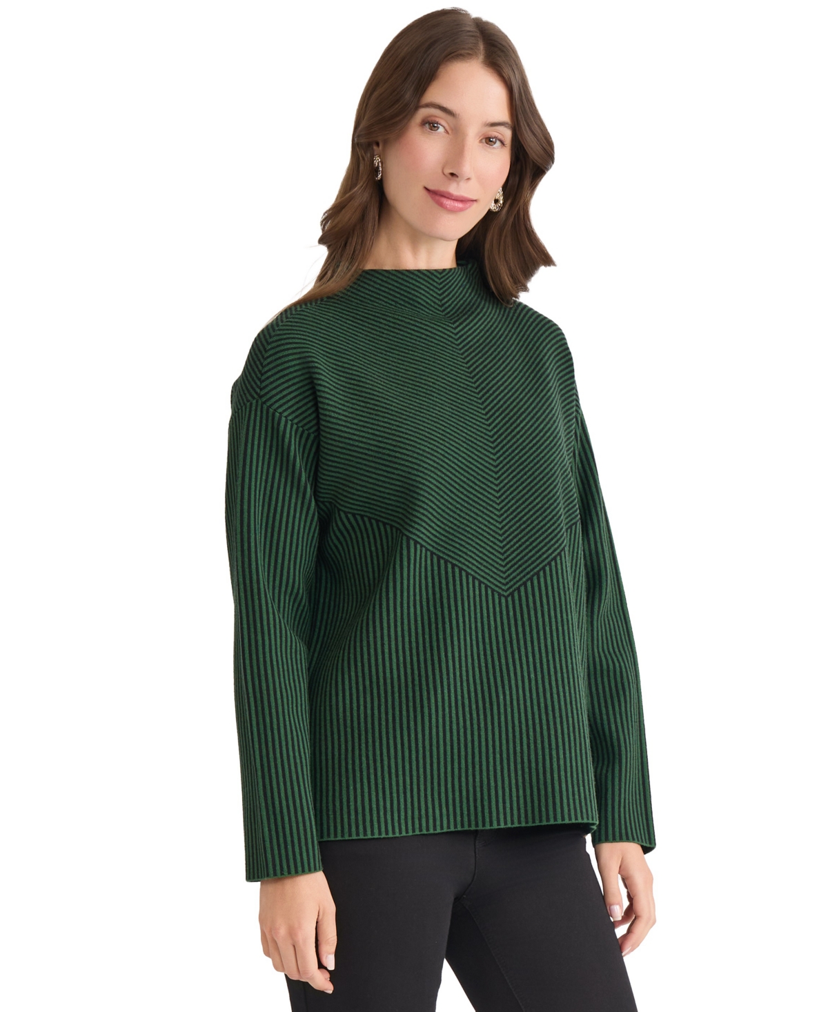Jones New York Women's Striped Funnel Mock Neck Sweater In Green