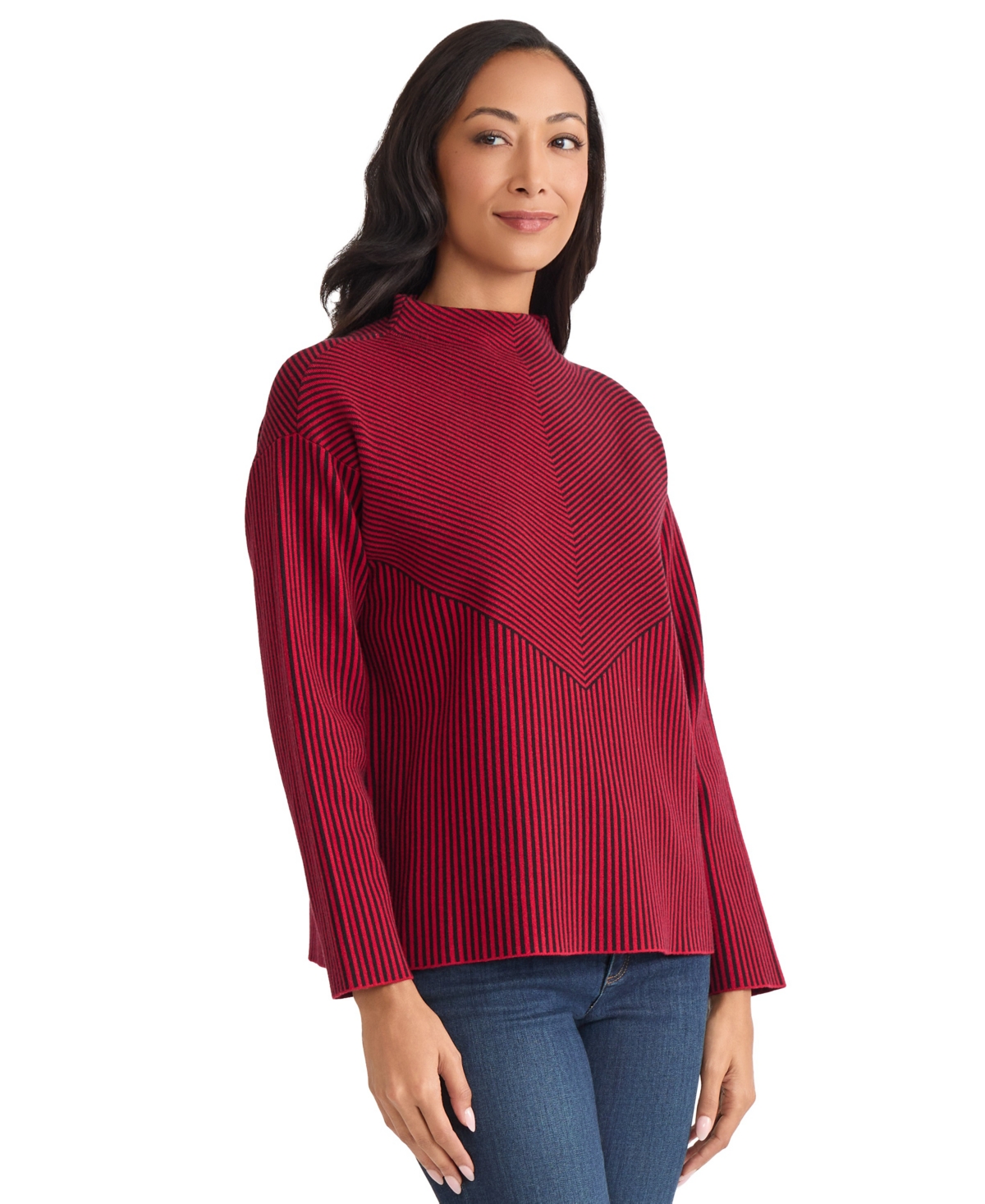 Jones New York Women's Striped Funnel Mock Neck Sweater In Burgundy