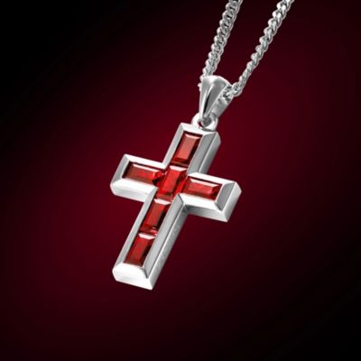 Men's Stone Cross Pendant - Red - Silver Necklace