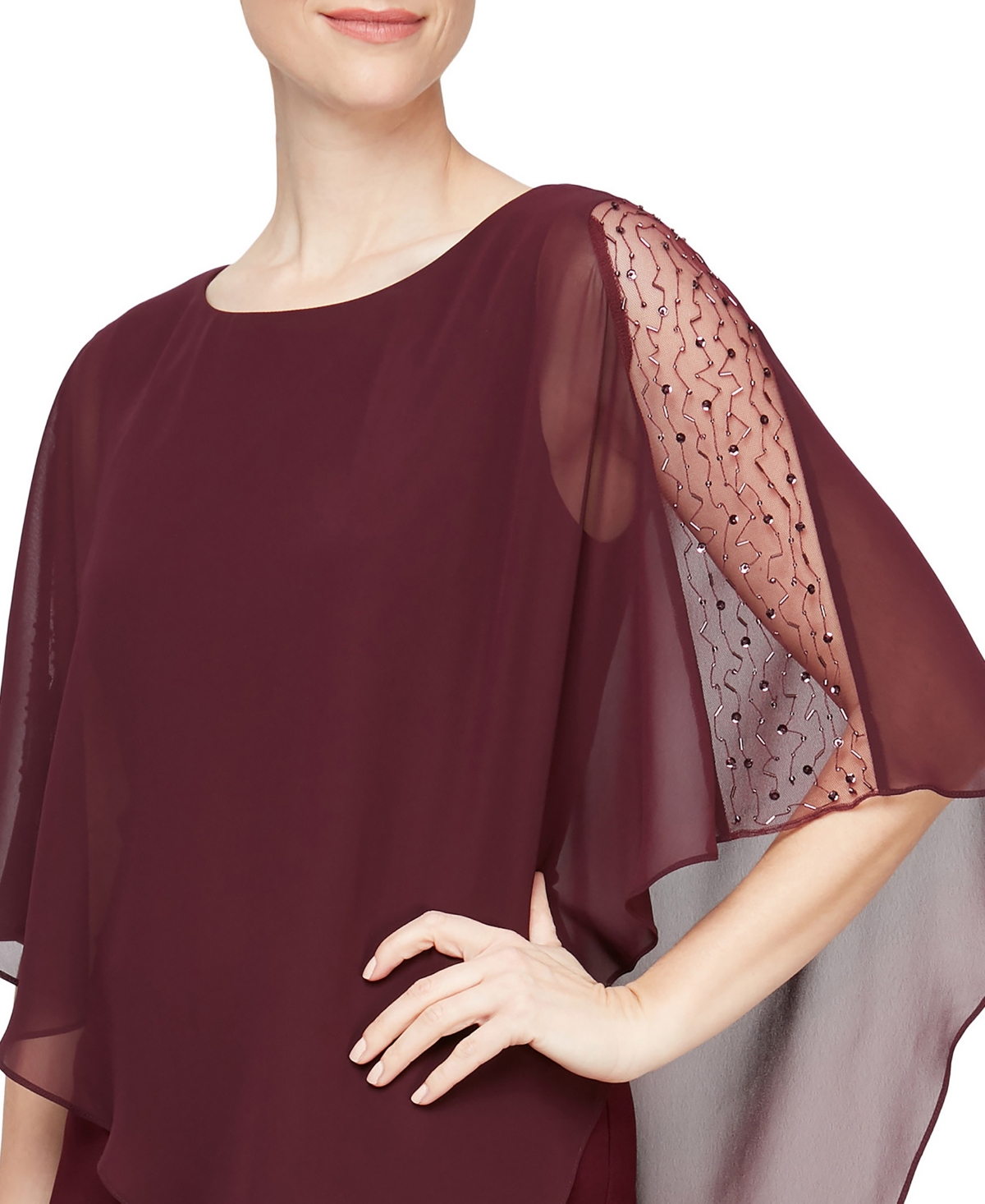 Sl Fashions Petite Asymmetric Capelet Sheath Dress In Purple