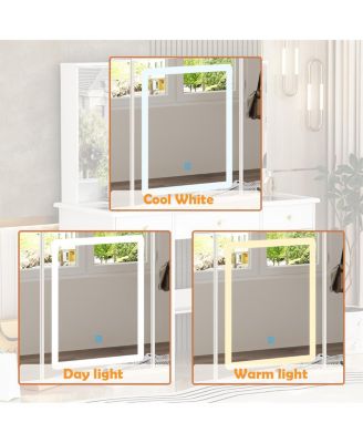 Glass Top 9-Drawers and 3-Mirrors Makeup Vanity Desk ,Dressing Table , Hidden Storage Shelves, LED Lighted