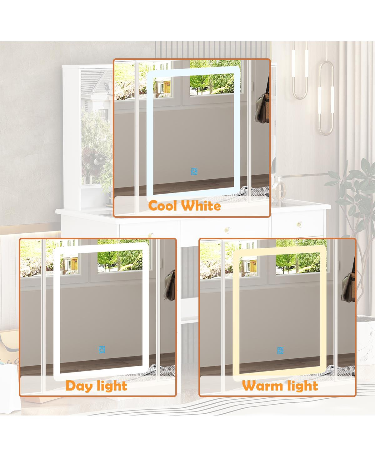 Homsee Glass Top 9-Drawers and 3-Mirrors Makeup Vanity Desk ,Dressing Table , Hidden Storage Shelves, Led Lighted