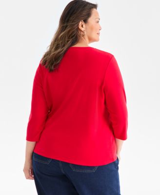 Plus Size 3/4-Sleeve Cotton Henley Top, Macy's Exclusive 