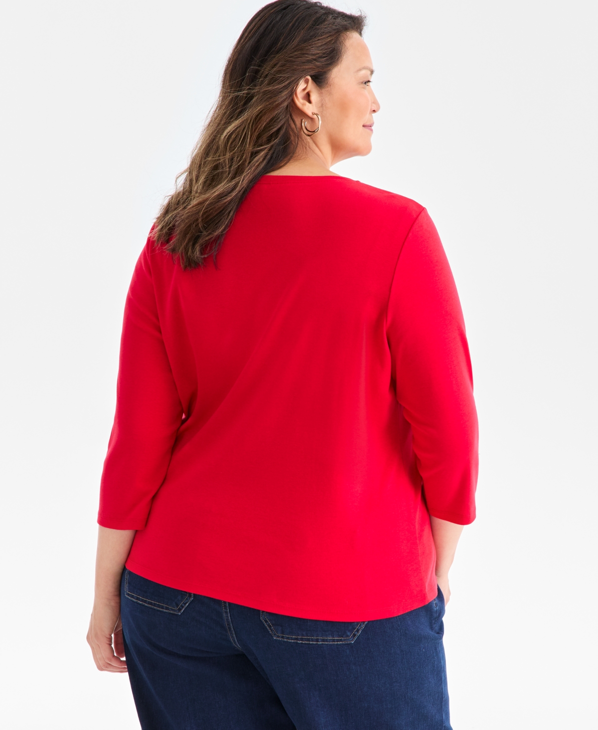 Style & Co Plus Size 3/4-sleeve Cotton Henley Top, Exclusively At Macy's In Red