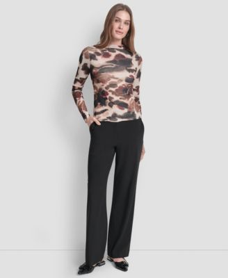 Women's Fitted Funnel Neck Tissue Mesh Long Sleeve Top