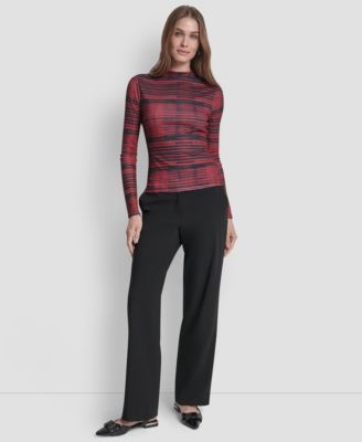 Women's Long Sleeve Fitted Funnel Neck Tissue Mesh Top