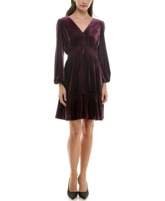 Petite V-Neck Long-Sleeve Smocked-Waist Velvet Dress