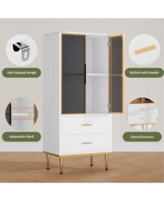 Fluted Glass Door Storage Cabinet w/Adjustable Shelves & 2 Drawers | White Contemporary Display Unit for Kitchen Pantry or Living Room Storage 