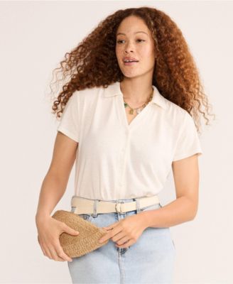 Women's Linen Blend Short Sleeve Button Front Polo Top