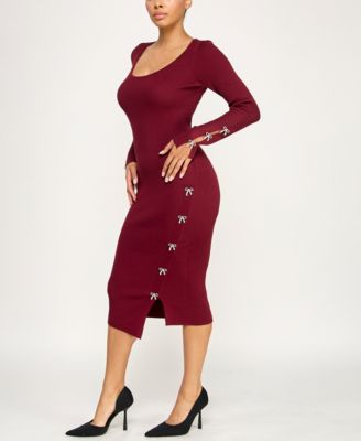 Women's Bow Rhinestone Long Sleeve Sweater Dress