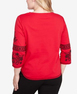 Women's Jet Setter Knit Embroidered Sleeve Beaded Split Neck Top