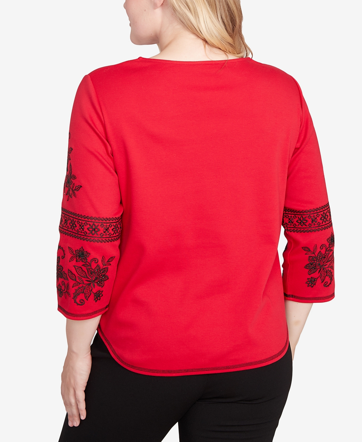 Alfred Dunner Jet Setter Knit Embroidered Sleeve Beaded Split Neck Top In Red
