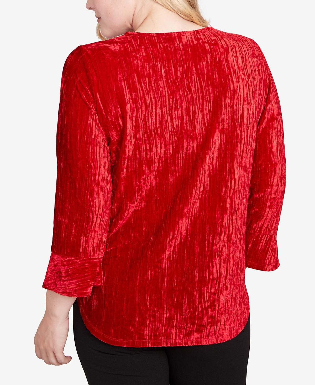 Alfred Dunner Jet Setter Crushed Velvet Henley Tie Sleeve Top In Red