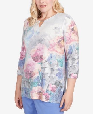 Women's Casual Vibe Floral Brushstroke Beaded Split Neck Top