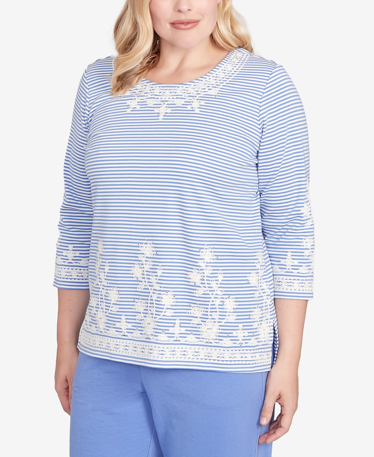 Alfred Dunner Casual Vibe Embellished Striped Crew Neck Top In White