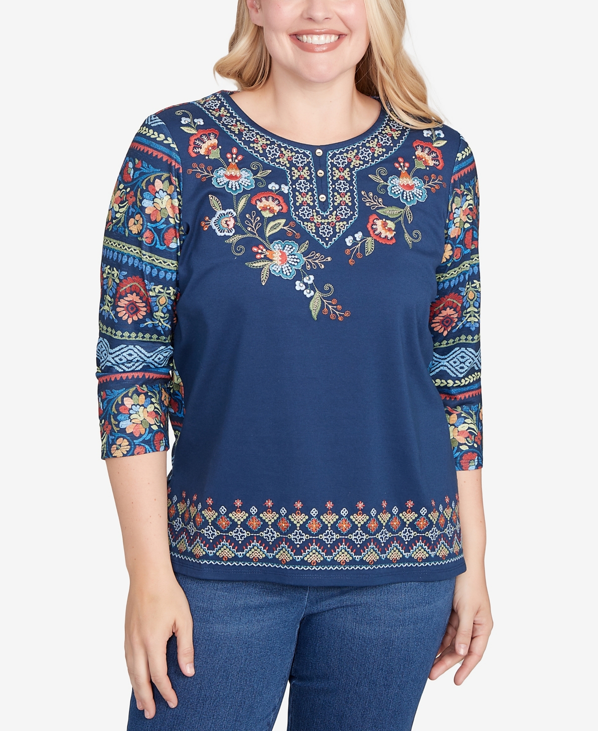 Alfred Dunner Sunset Canyon Printed Sleeve Floral Embroidered Top In Blue