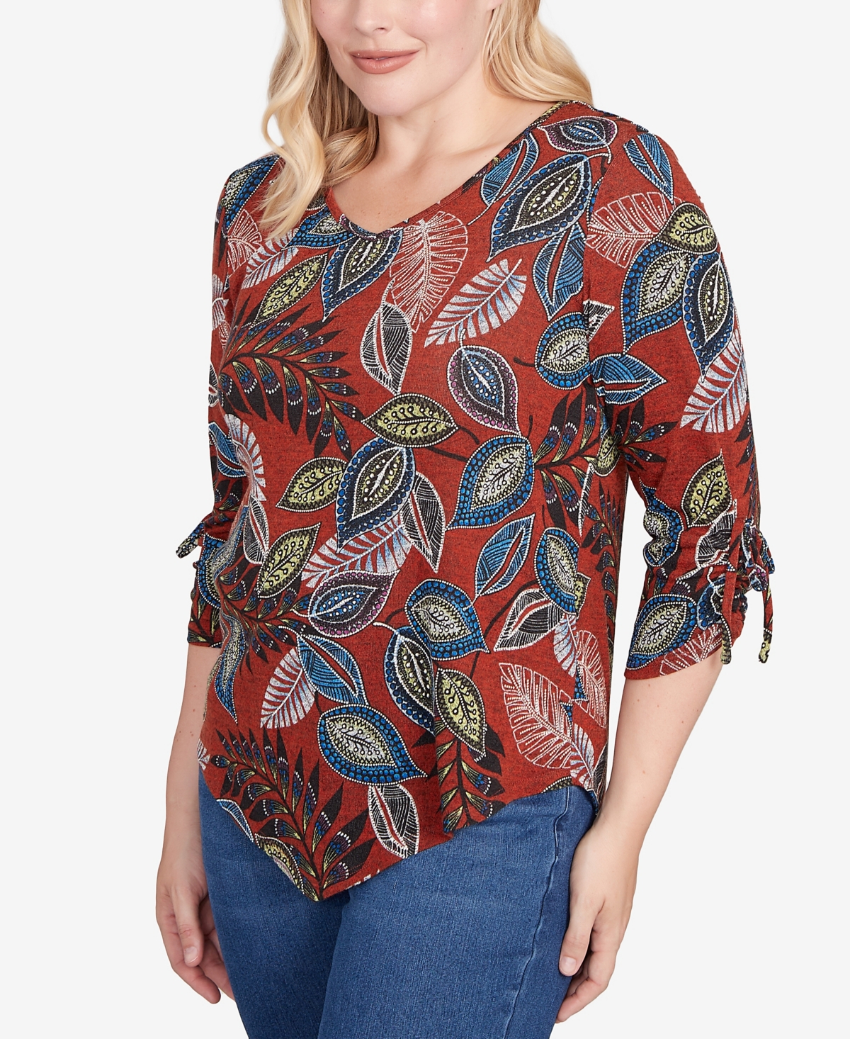 Alfred Dunner Women's Sunset Canyon Batik Leaves Melange Asymmetrical Top In Multi