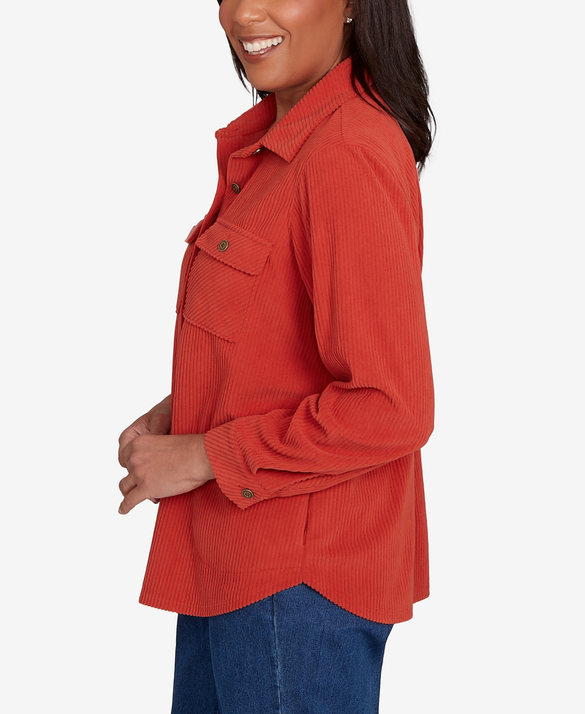 Alfred Dunner Sunset Canyon Plush Ribbed Oversized Button Front Top In Orange