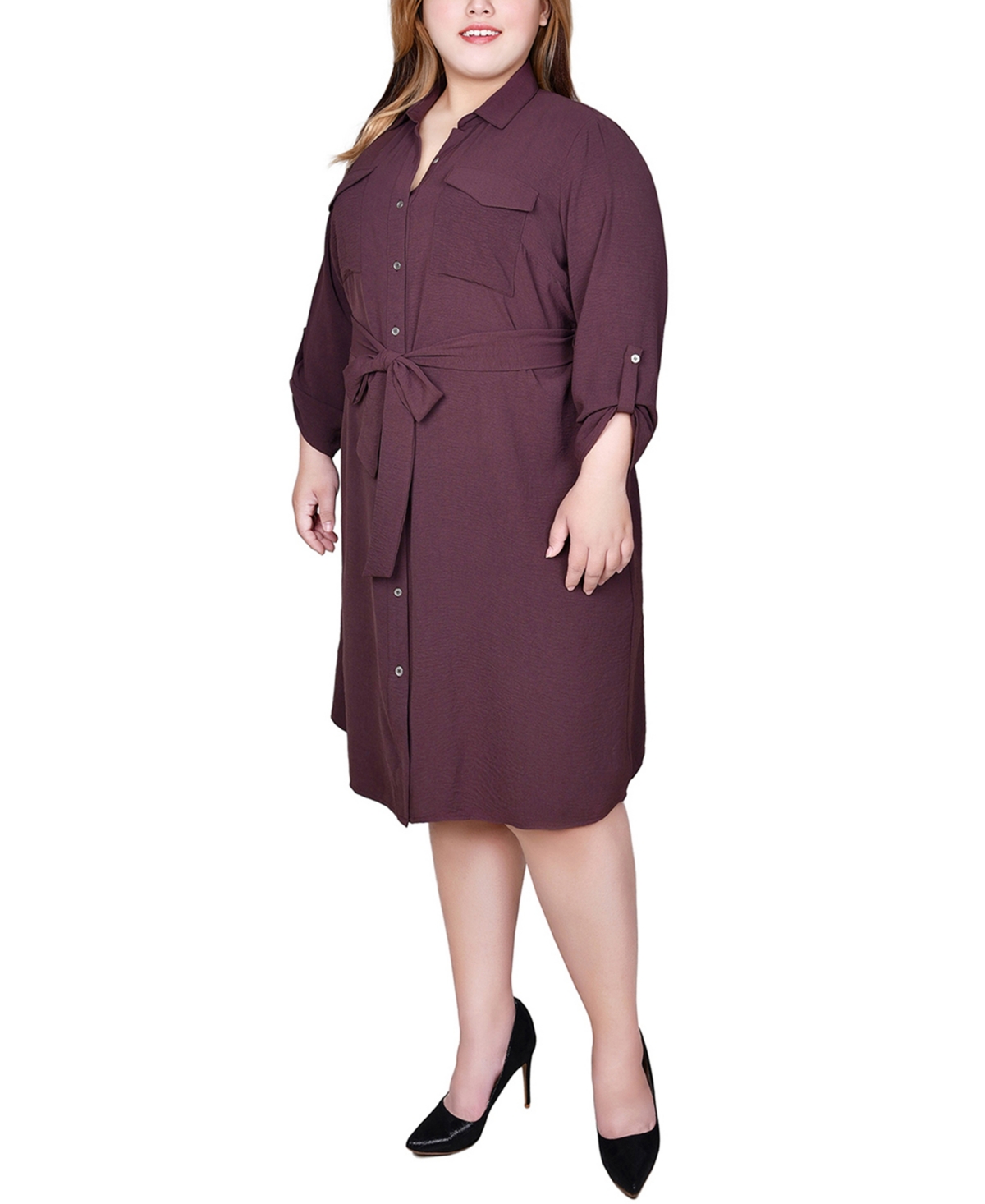 Ny Collection Plus Size Long Roll Tab Sleeve Shirtdress In Burgundy