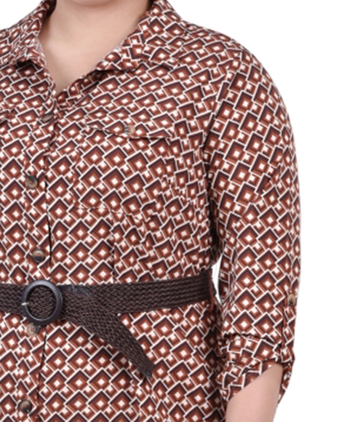 Ny Collection Plus Size 3/4 Roll Tab Sleeve Shirtdress In Brown