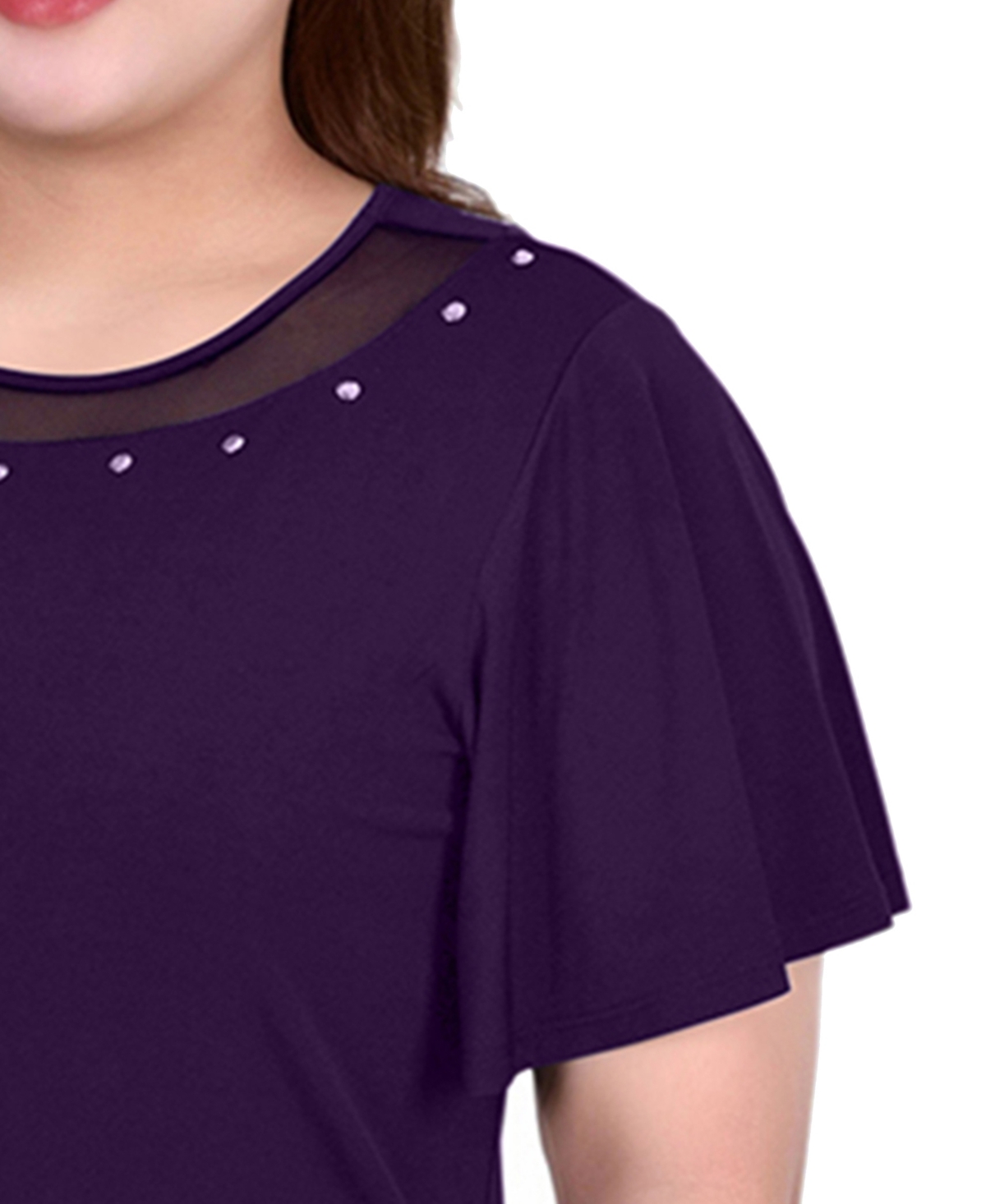 Ny Collection Plus Size Short Flutter Sleeve Studded Top In Purple