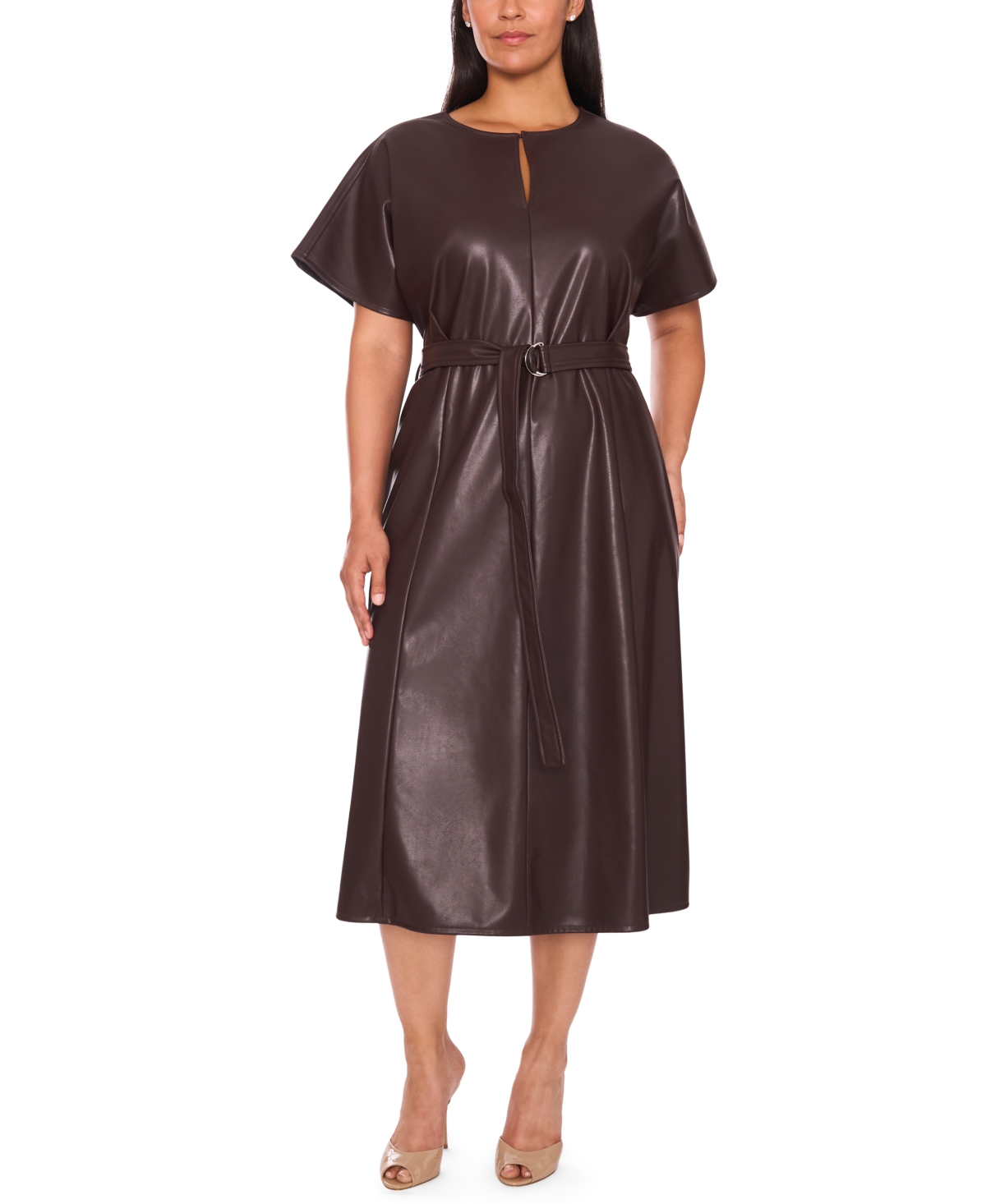 Msk Plus Size Dolman Sleeve Belted Midi Dress In Brown