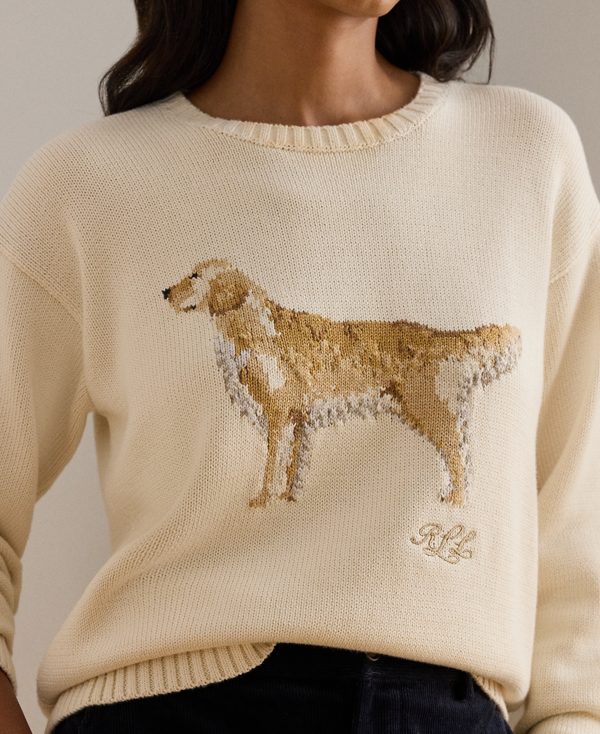 Ralph Lauren Petite Intarsia Golden Retriever Sweater In White