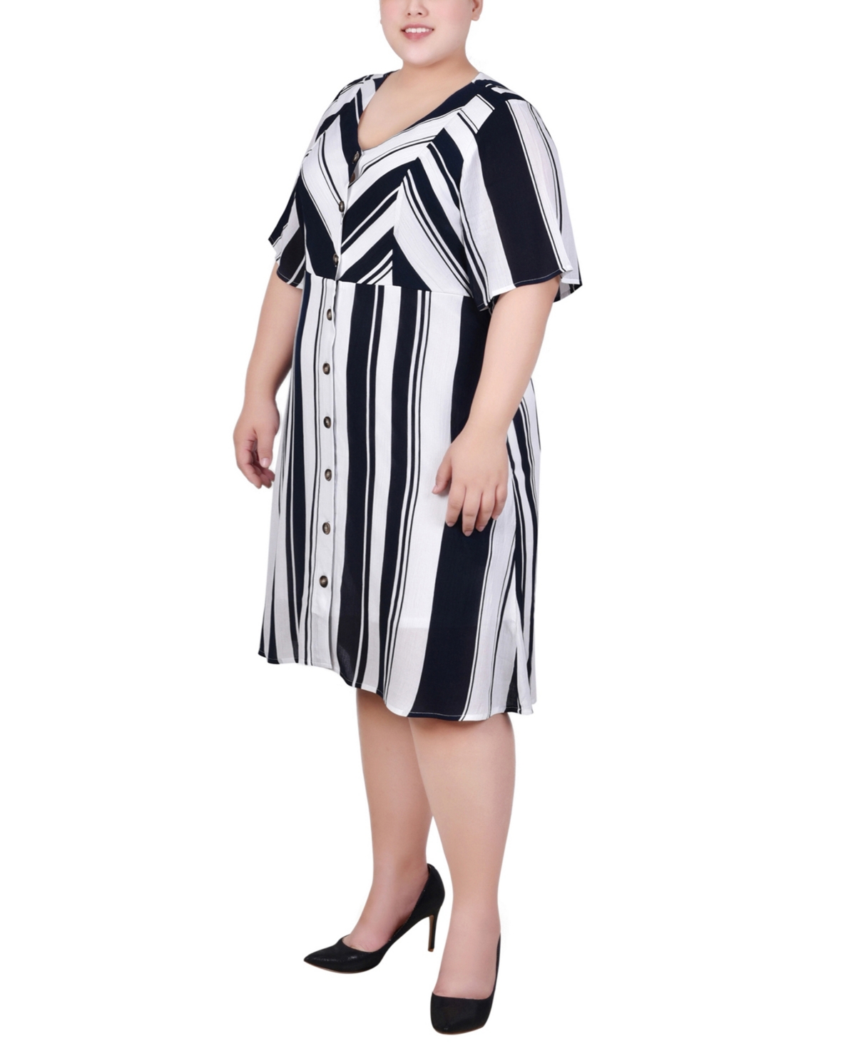 Ny Collection Plus Size Elbow Sleeve Button Front Dress In Black