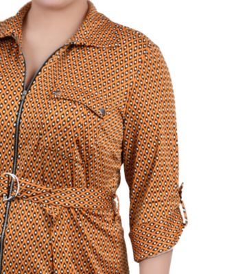 Plus Size Belted Roll Tab Zip Front Shirt Dress