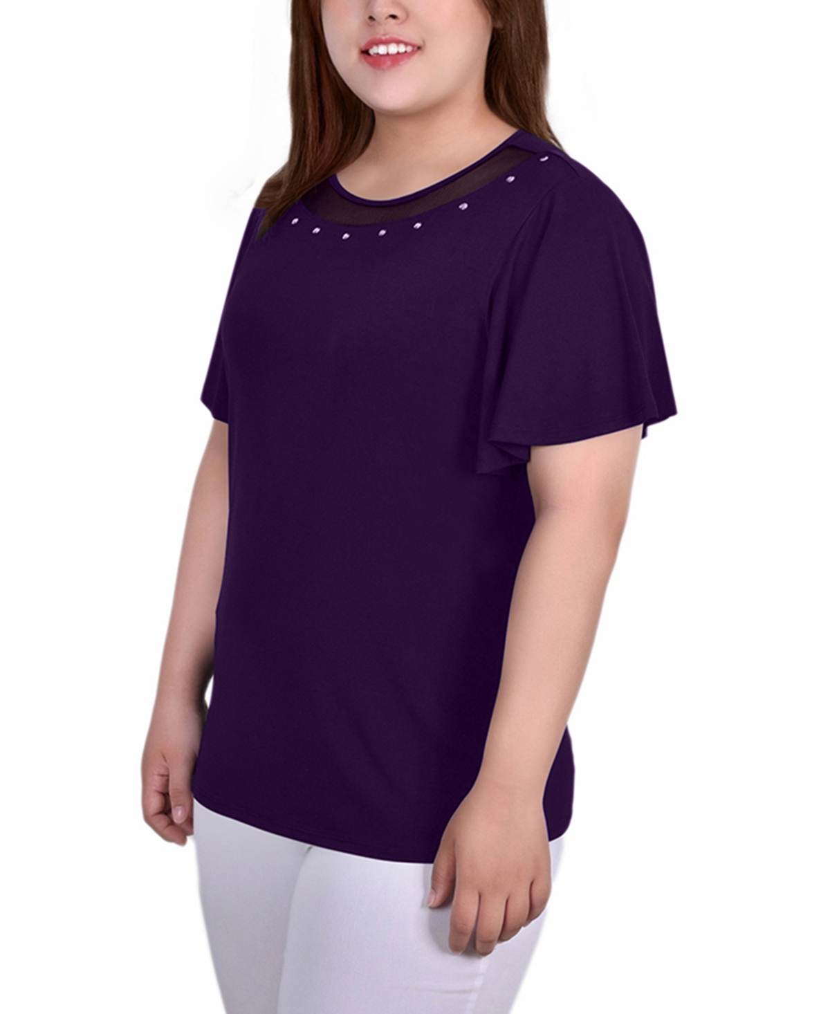 Ny Collection Plus Size Short Flutter Sleeve Studded Top In Purple