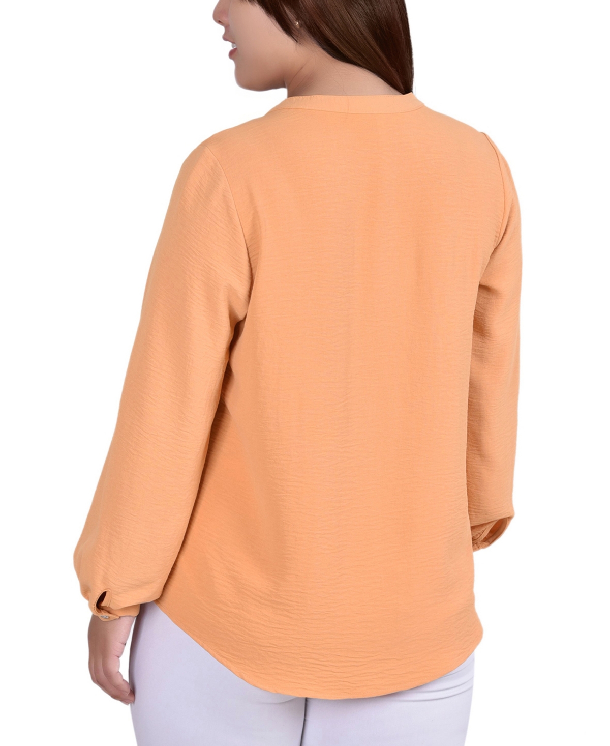 Ny Collection Plus Size Long Sleeve Pleat Front Blouse In Brown