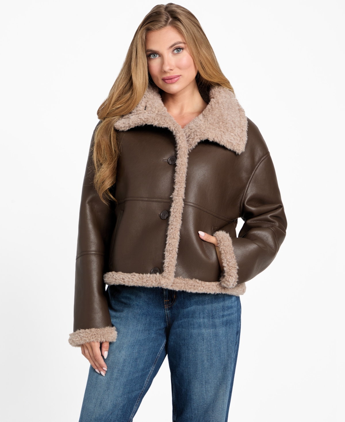 Guess Women's Stand-collar Faux-shearling Coat In Brown