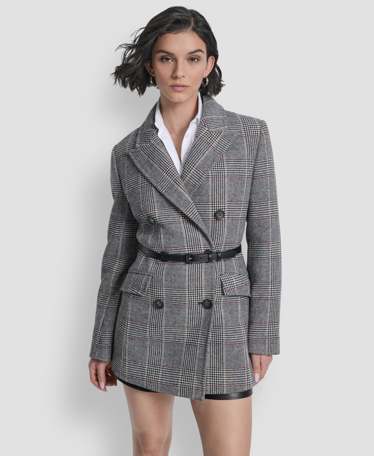 Dkny Women's Short Double-breasted Belted Coat In Gray