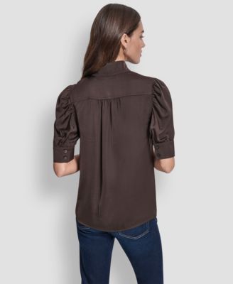 Women's Stand Collar Puff-Sleeve Shirt