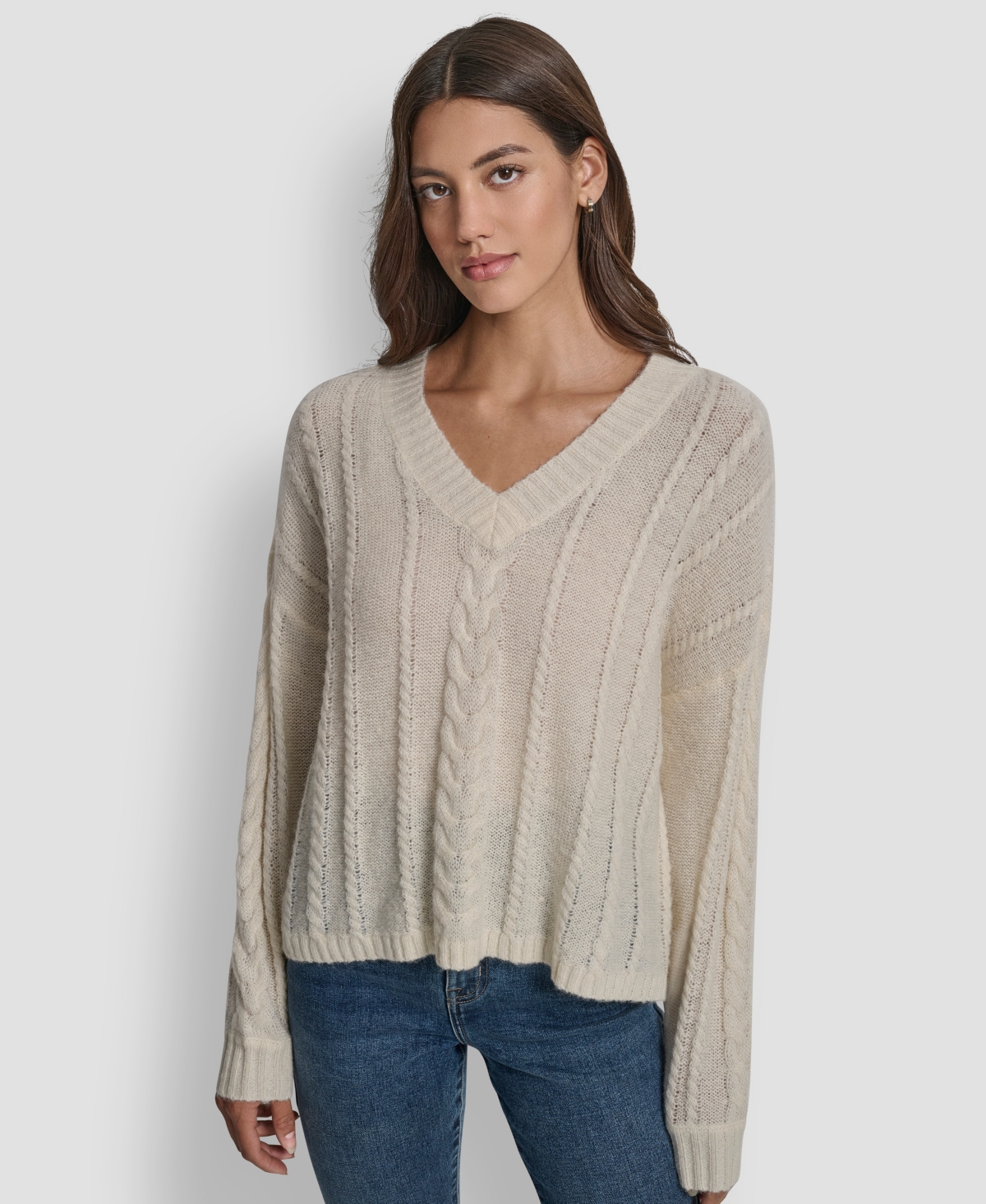Dkny Jeans Women's V-neck Cable-knit Sweater In Gray
