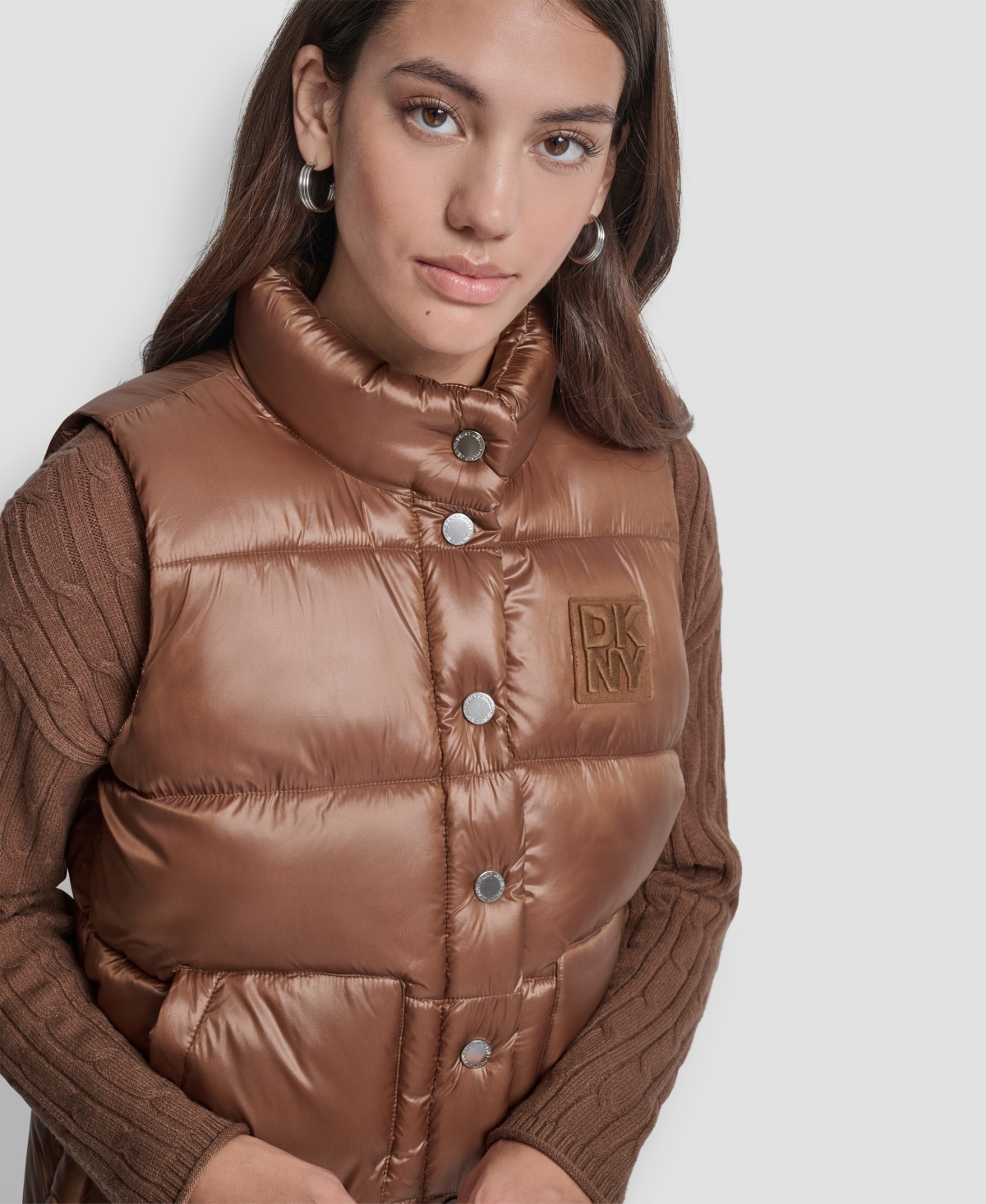 Dkny Jeans Women's Quilted Mock Neck Puffer Jacket In Brown