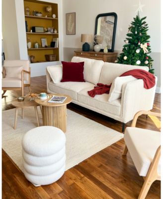 - White Boucl&eacute; Pouf with Storage Vintage Style Upholstery Living Room