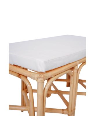 - Natural Rattan and Beige Fabric Bench Exotic Boho Upholstery Entry