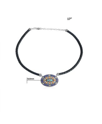 Sterling Silver Multi-Gemstone Oval Pendant Black Leather Necklace, 17 to 20 Inches