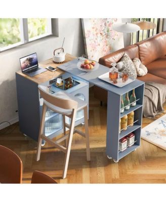 Rolling Kitchen Island with Extendable Table, LED Lights, Outlet, Fluted Glass Doors & Shelves-Maison Boucle
