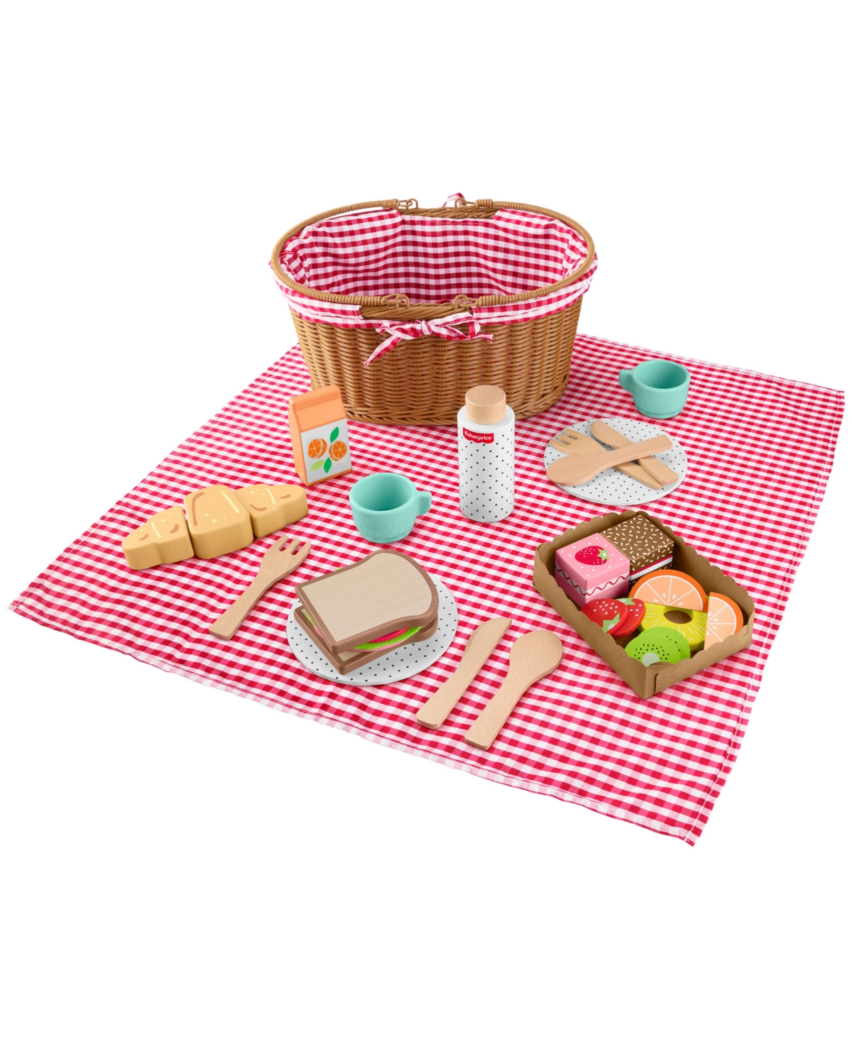 Fisher Price Wooden Picnic Basket And Food Pretend Play Set, 31 Wood Pieces In Brown