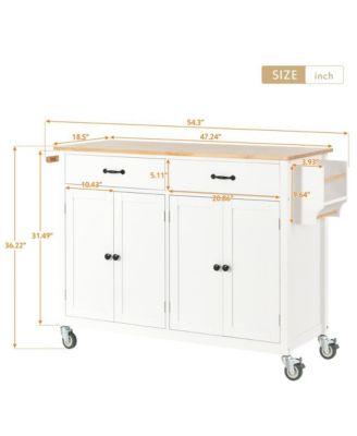 54.3" Wide Solid Wood, MDF 4-Door Cabinet, 2 Drawers, Spice Rack, Towel Bar, Locking Wheels Kitchen Island Cart